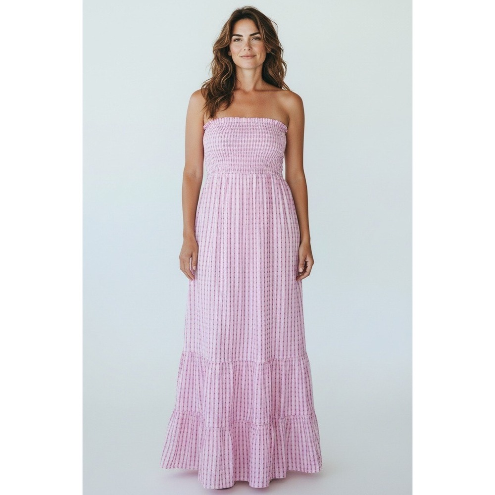 SHEIN Womens Pink Striped Smocked Strapless Tiered Maxi Dress Size S 4